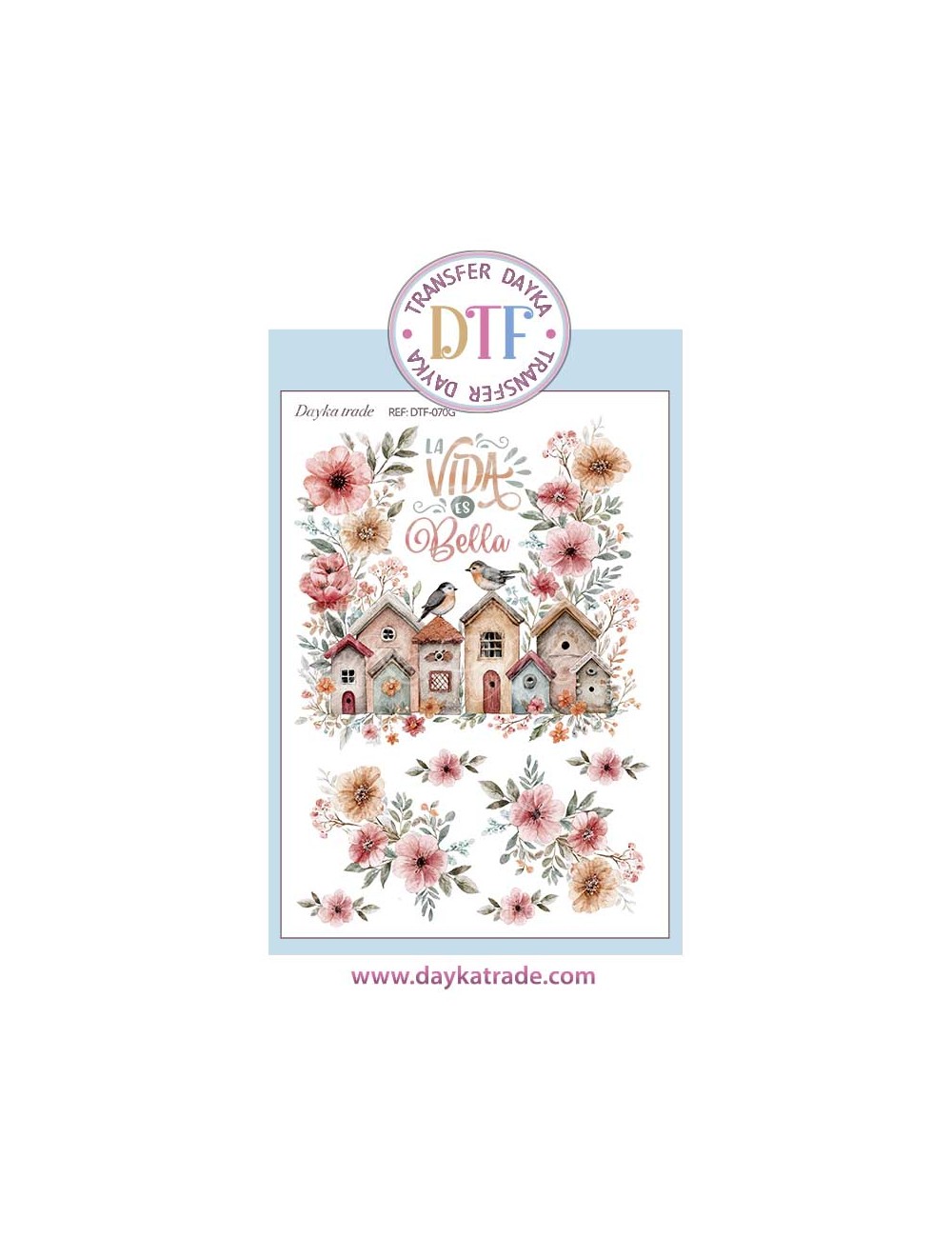 Trasferencia textil con dibujo de casita de pájaros  20 x 28,5 cm