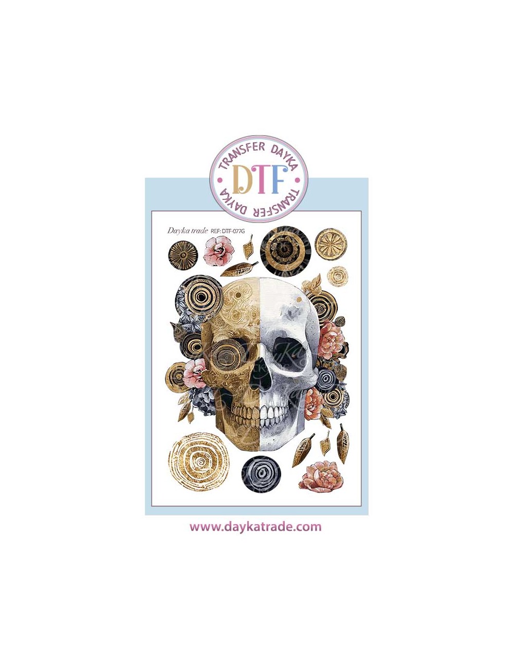 Trasferencia texti con dibujo de calavera de frente con flores