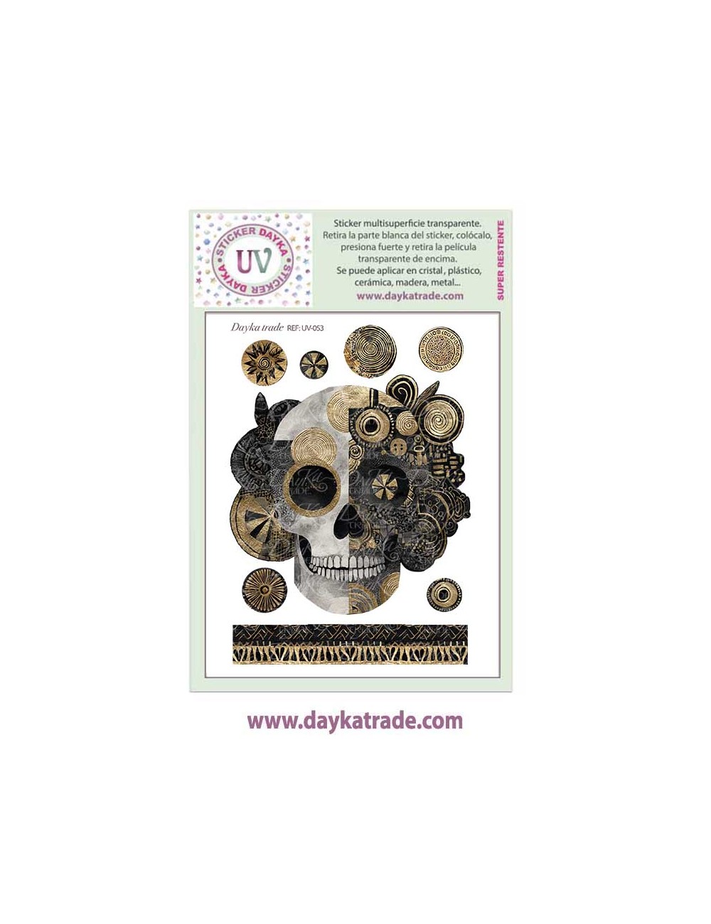 UV Sticker transparente calavera de frente en blanco, negro y dorado