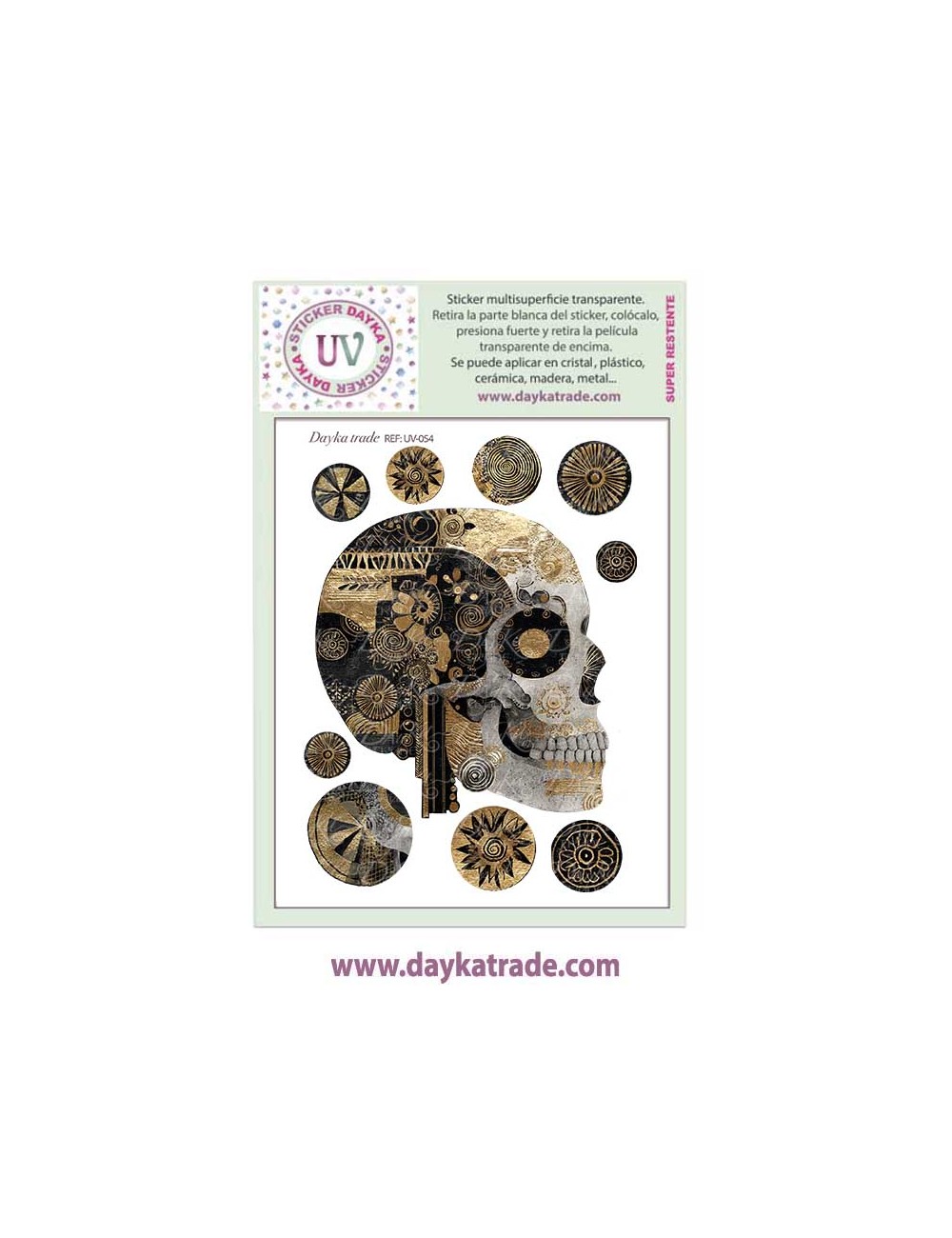 UV Sticker transparente calavera de lado en blanco, negro y dorado