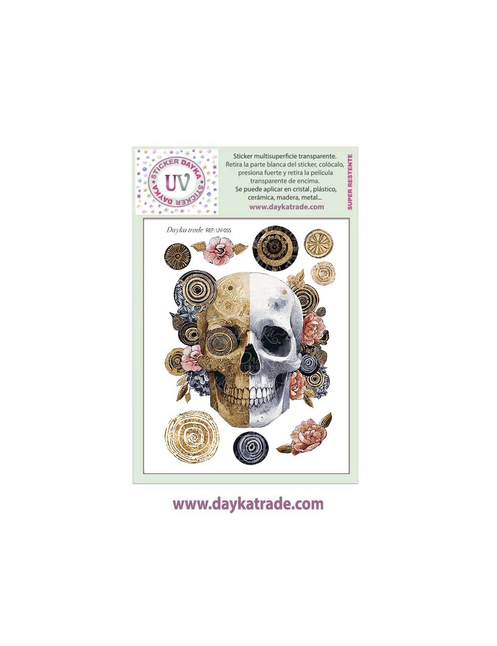 UV Sticker transparente calavera de frente con flores