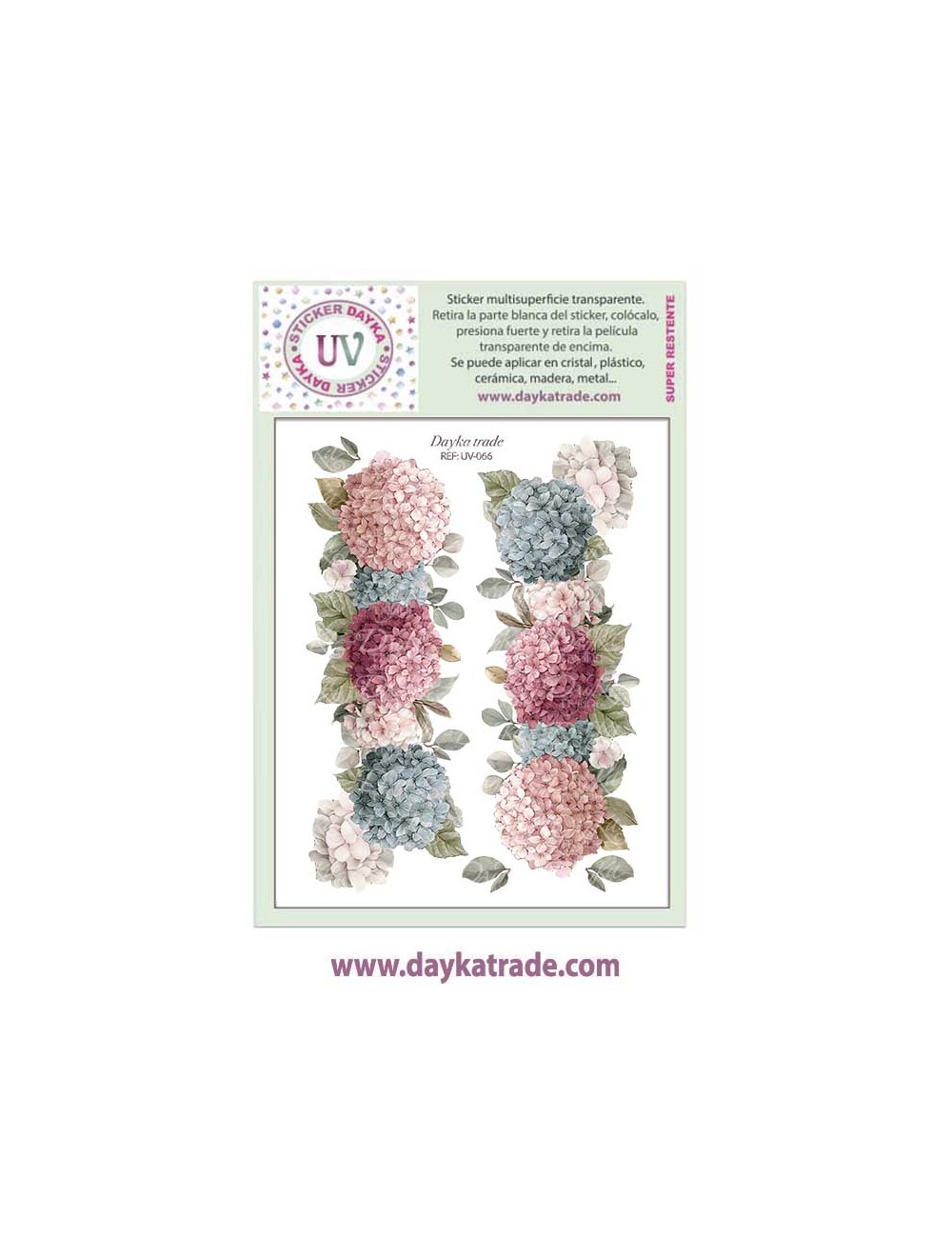 UV Sticker transparente con dibujo de hortensias