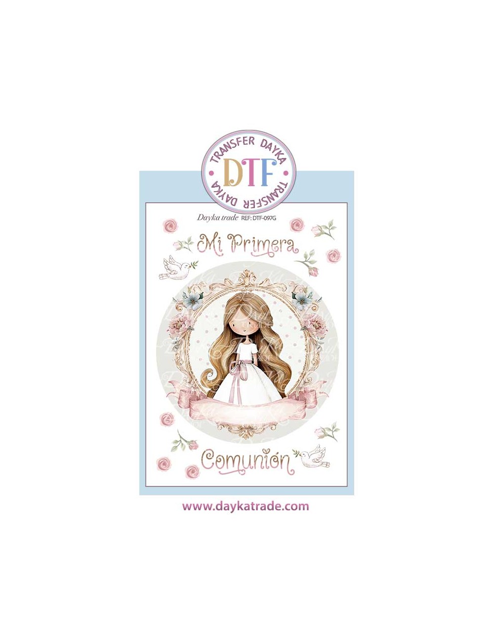 Trasferencia textil con colección Comunión "Jesús me ama" con niña castaña
