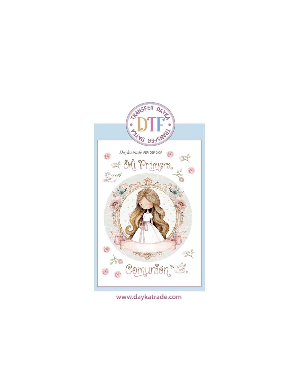 Trasferencia textil con colección Comunión "Jesús me ama" con niña castaña
