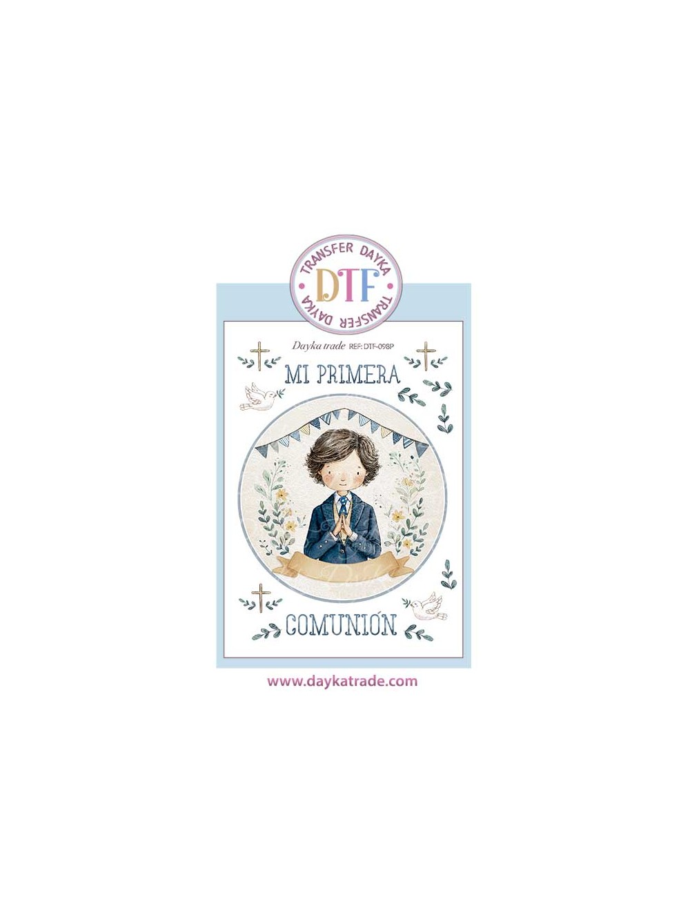 Trasferencia textil con colección Comunión "Jesús me ama" con niño castaña