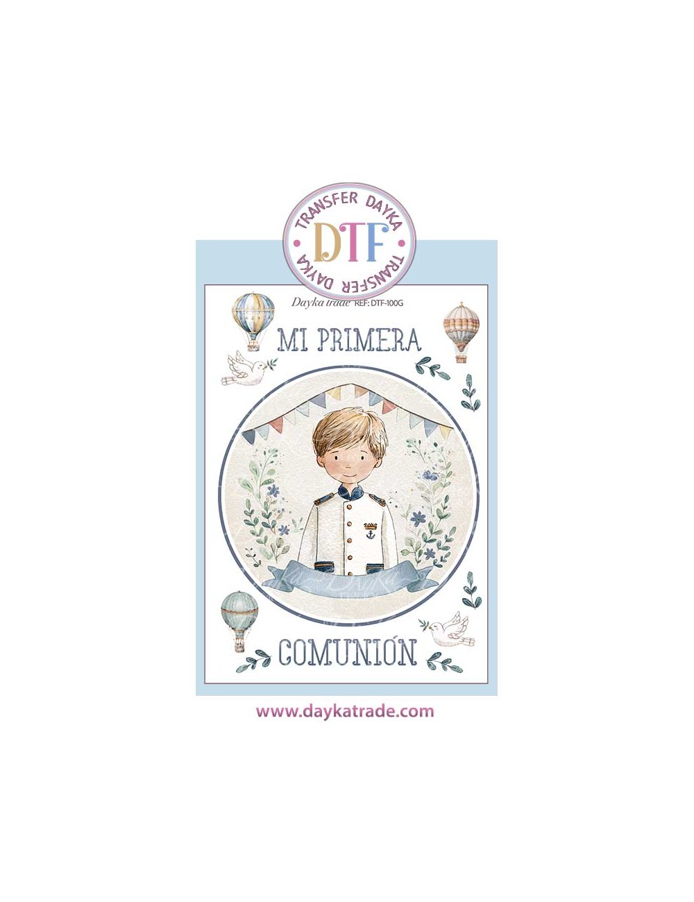 Trasferencia textil con colección Comunión "Jesús me ama" con niño globos