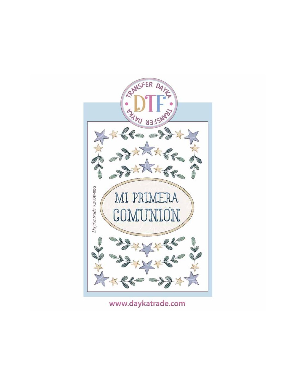 Trasferencia textil con colección Comunión "Jesús me ama" texto, ramas y estrellas