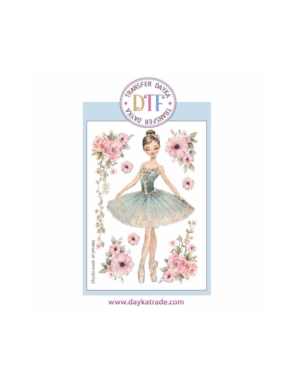 Trasferencia textil con dibujo de bailarina con vestido aguamarina y flores