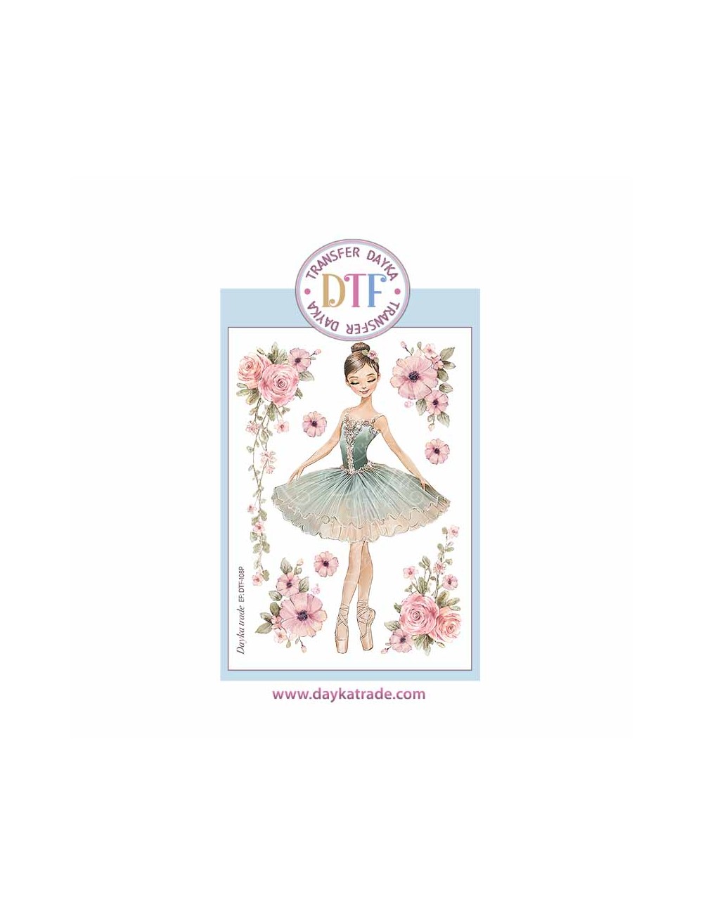 Trasferencia textil con dibujo de bailarina con vestigo aguamarina y flores