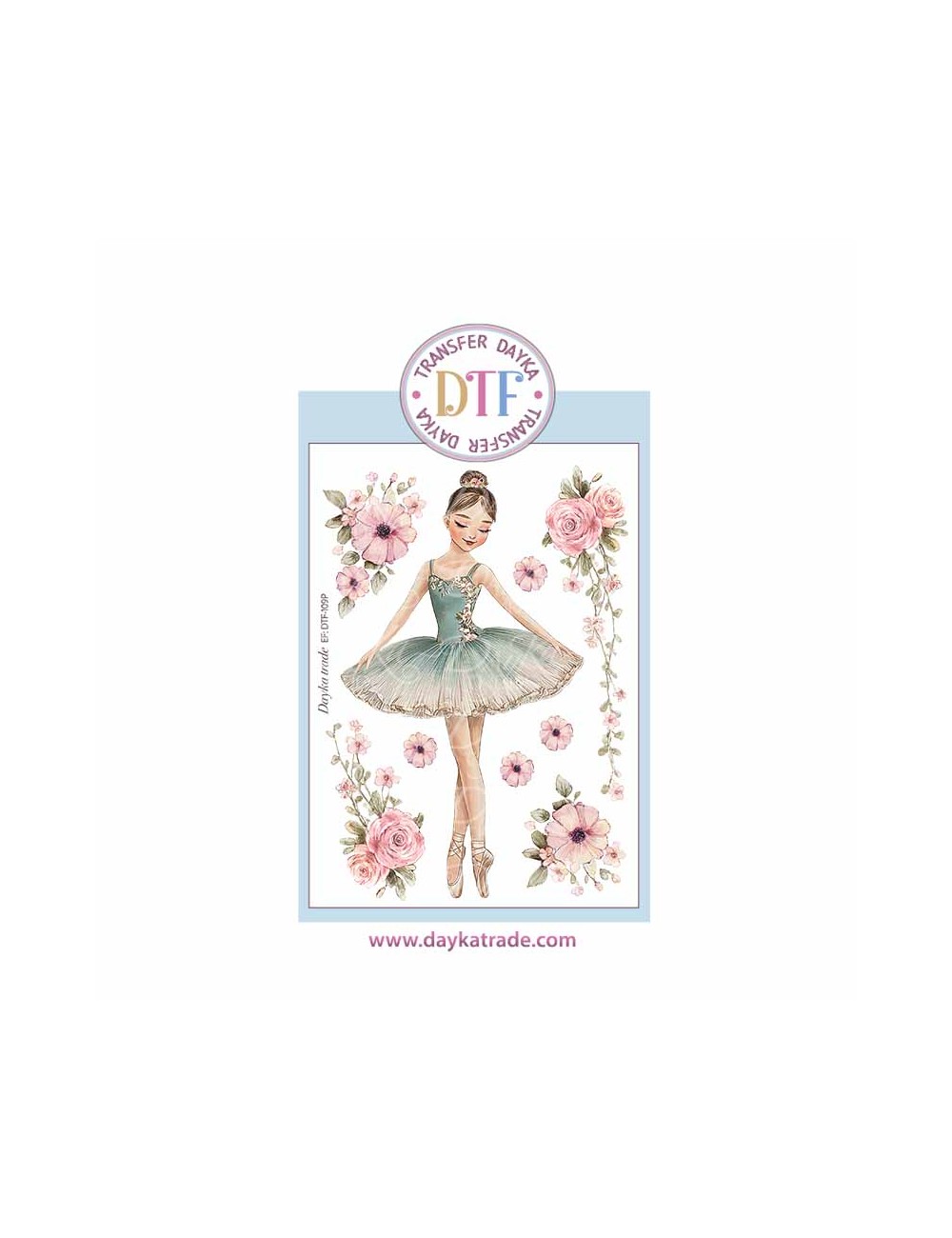Trasferencia textil con dibujo de bailarina con vestigo aguamarina y flores