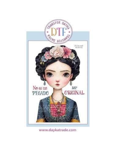 Trasferencia textil con dibujo chica, y texto" no es un pecado ser original"