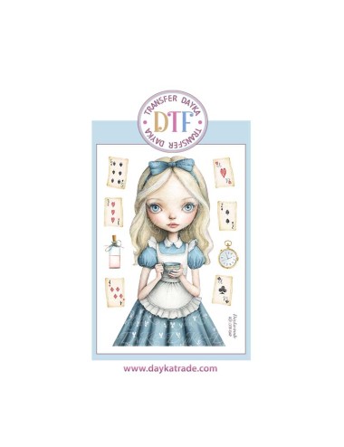Trasferencia textil con dibujo chica, Alice con cartas y reloj