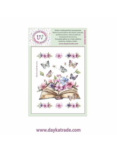 UV Sticker transparente de dibujo de libro con mariposas y flores