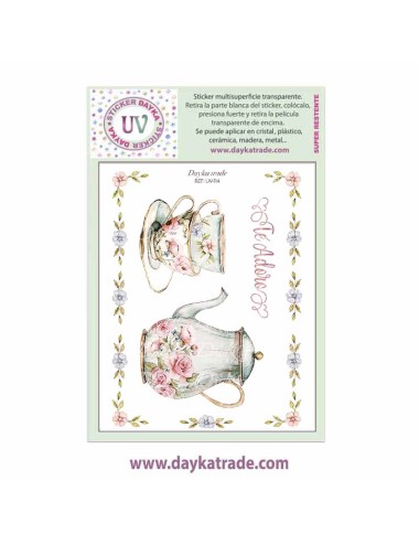 UV Sticker transparente de dibujo de tazas y tetera con texto "Te adoro"