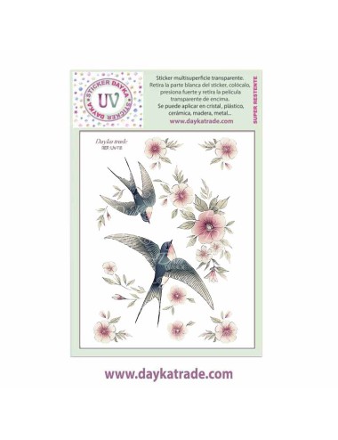 UV Sticker transparente de dibujo de golondrinas y flores