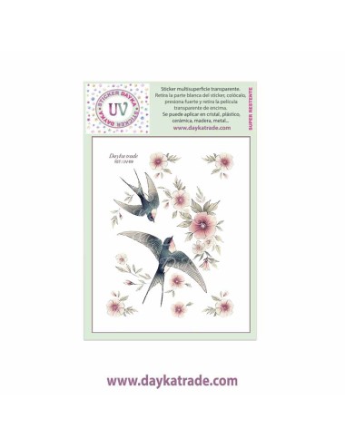 UV Sticker transparente de dibujo de golondrinas y flores