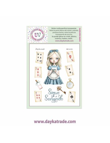 UV Sticker transparente de dibujo de chicas, Alicia con cartas