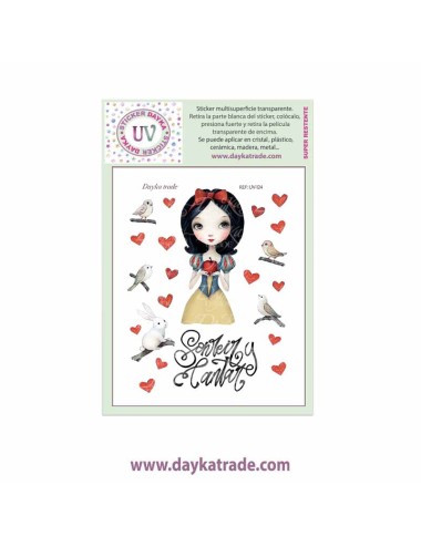 UV Sticker transparente de dibujo de chicas, Blancanieves con pájaros