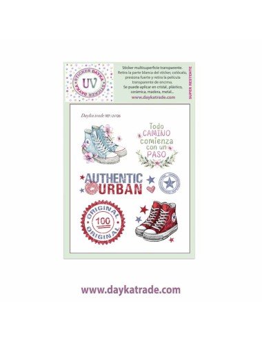 UV Sticker transparente de varios dibujos zapatillas rojas y azules y  frase