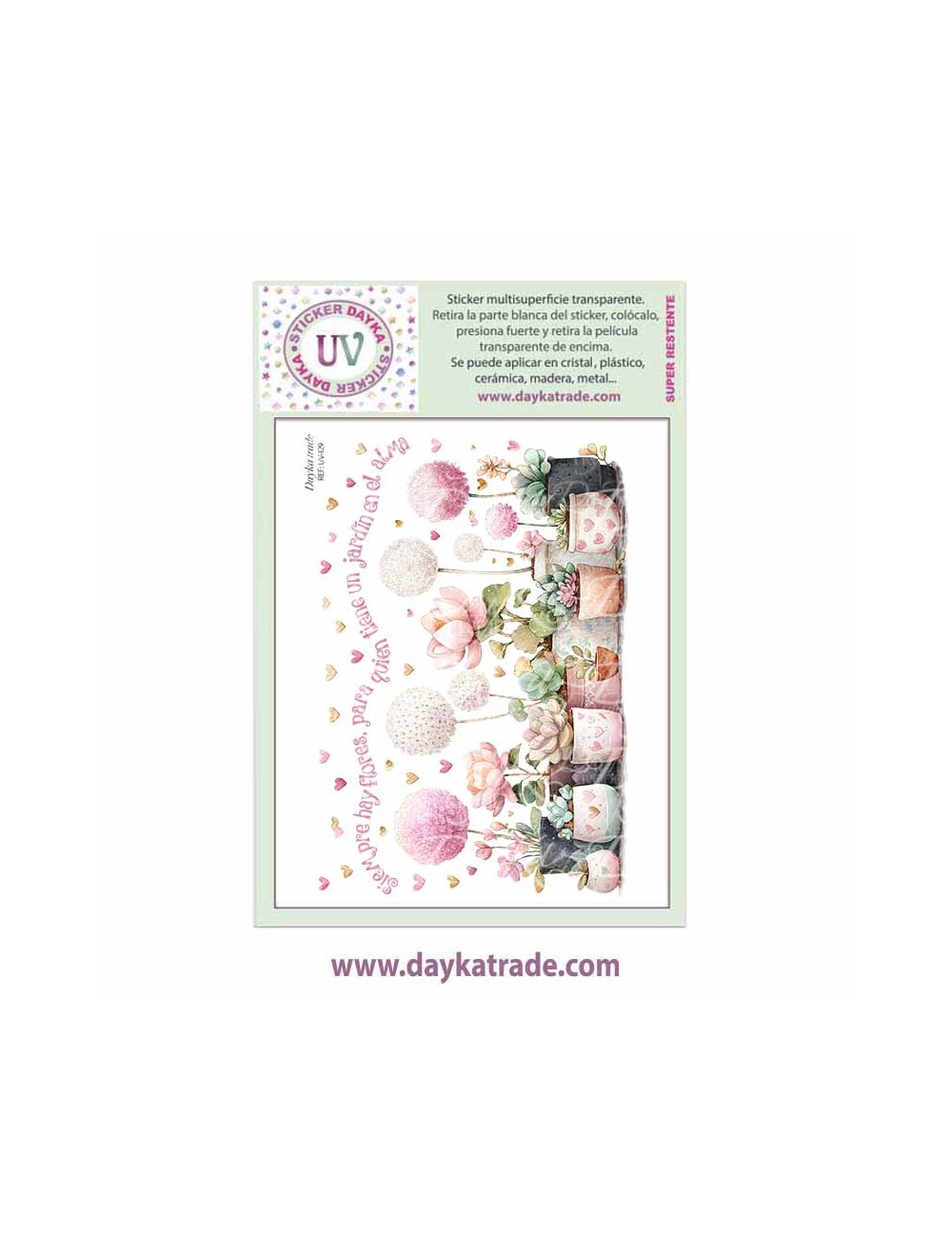 UV Sticker transparente con dibujo de macetas con flores y texto