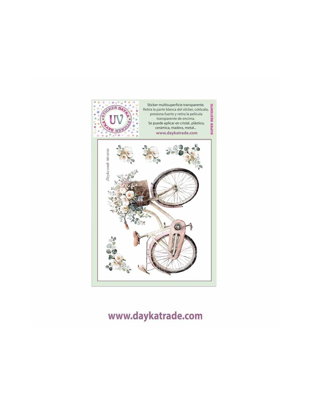 UV Sticker transparente con dibujo de bici con flores