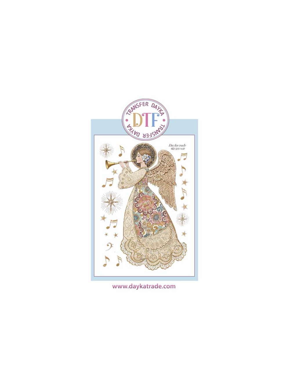 Dtf Dayka, trasferencia textil con dibujo Navideño de angelita con corneta.