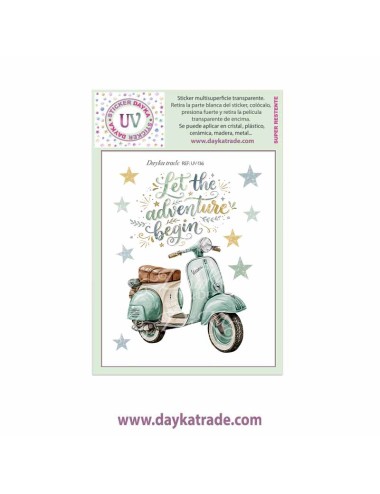 UV Sticker transparente con dibujo de bici con frase "Let the adventure begin".