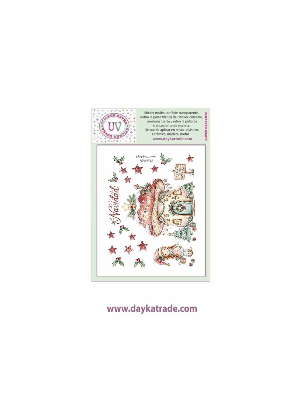 UV Sticker transparente con dibujo de Navidad de casita seta y elfa