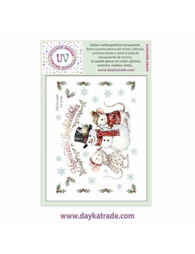 UV Sticker transparente con dibujo de Navidad de ratones con muñeco de nieve