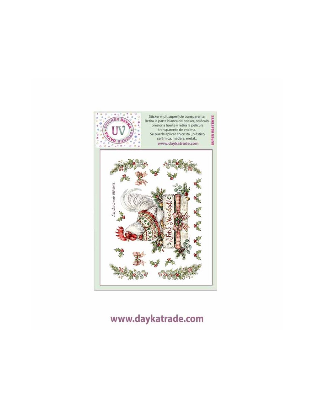 UV Sticker transparente con dibujo de Navidad de gallo en caja