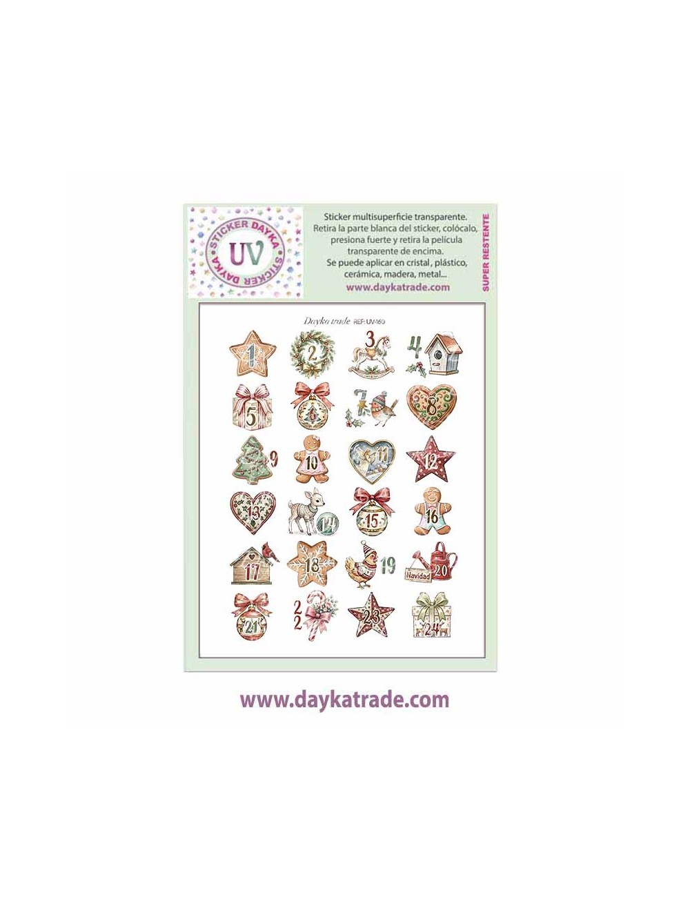 UV Sticker transparente con dibujo de Navidad de números para calendario de adviento con muñecos