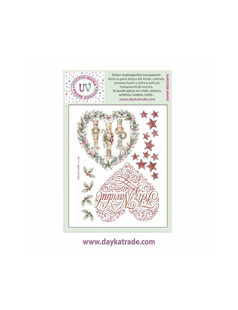 UV Sticker transparente con dibujo de Navidad de corazones y estrellas.