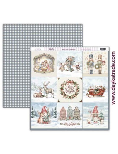 Papel scrap colección " Pide tu deseo en Navidad" 9 ilustraciones, de gnomos, renos, ratones, belén, casca nueces etc. Y trasera