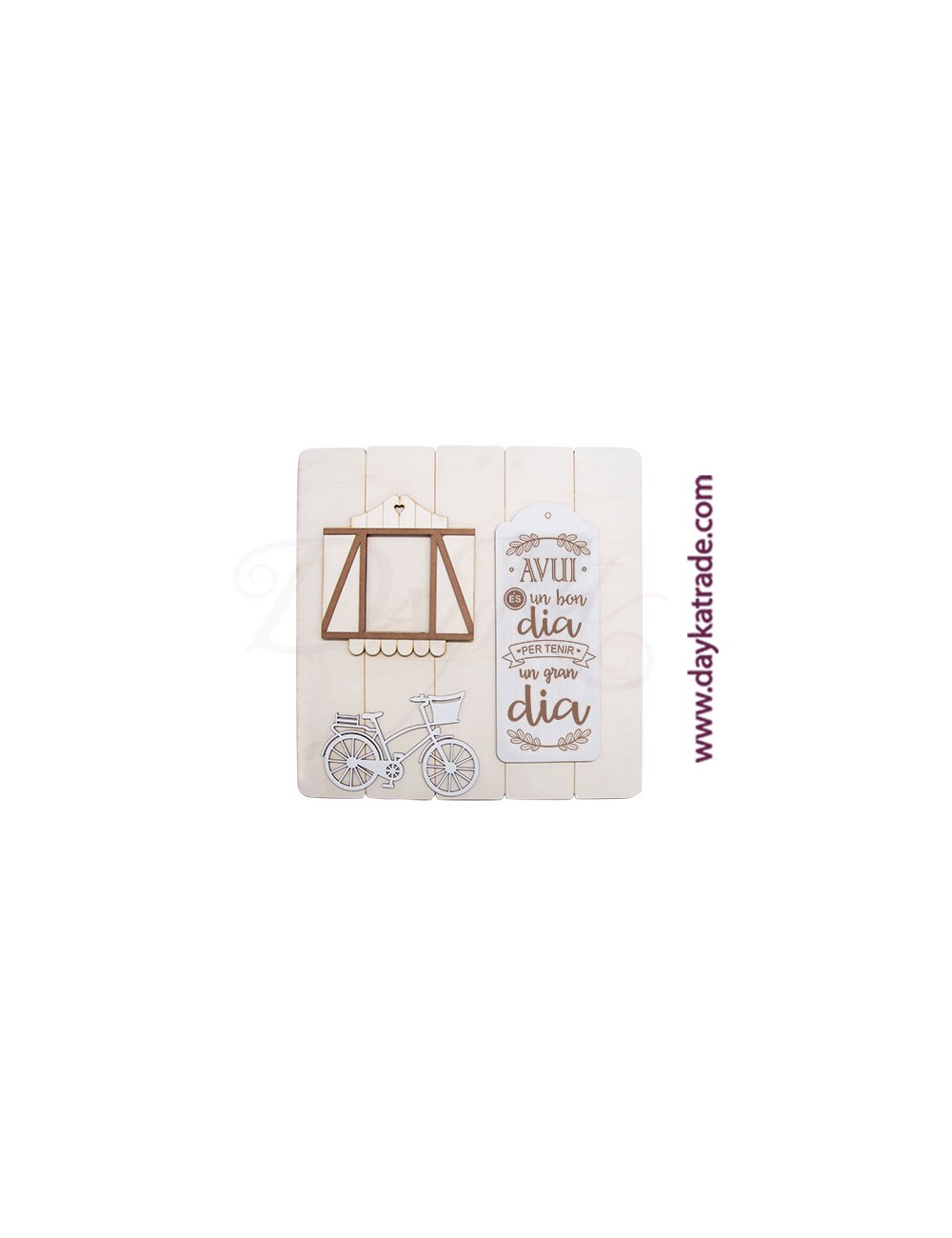 Tabla rectangular con bici y ventana "avui es un bon dia"