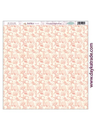 Tela para scrapbooking - fondo estrellas de mar, caballitos de mar y caracolas en color coral