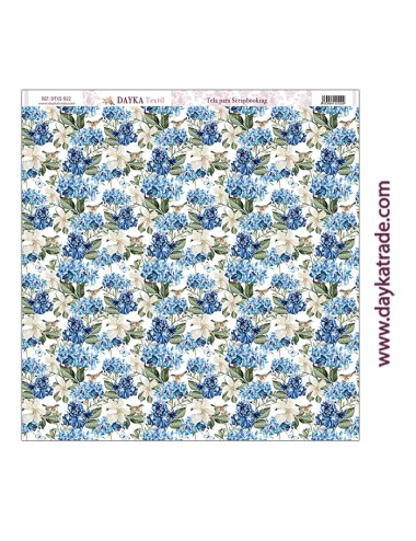 Tela para scrapbooking - hortensias azules y pájaros