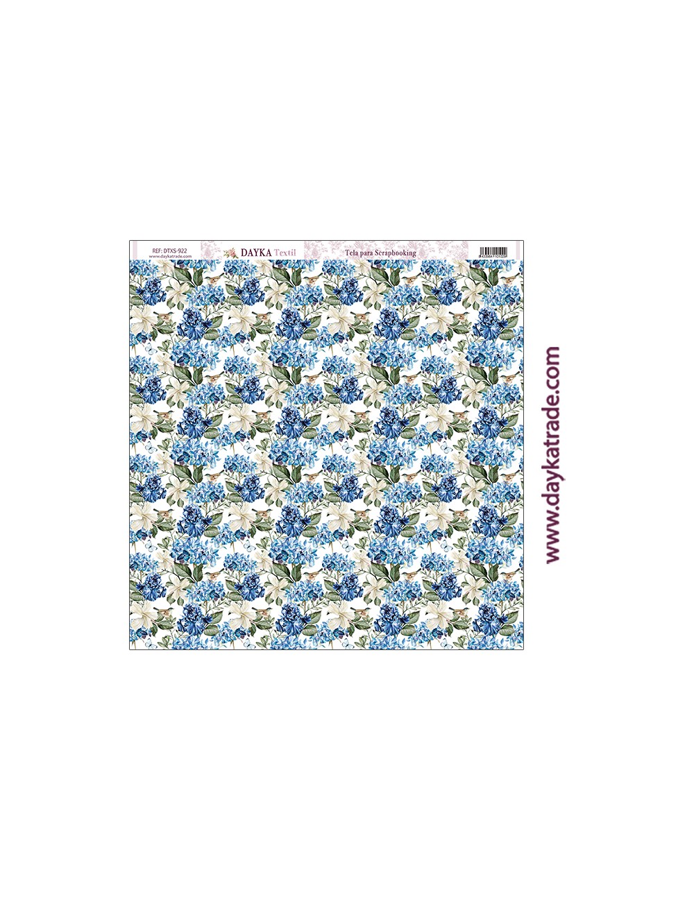 Tela para scrapbooking - hortensias azules y pájaros