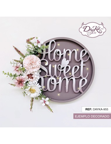 Corona de madera con mensaje "home sweet home" + luces led