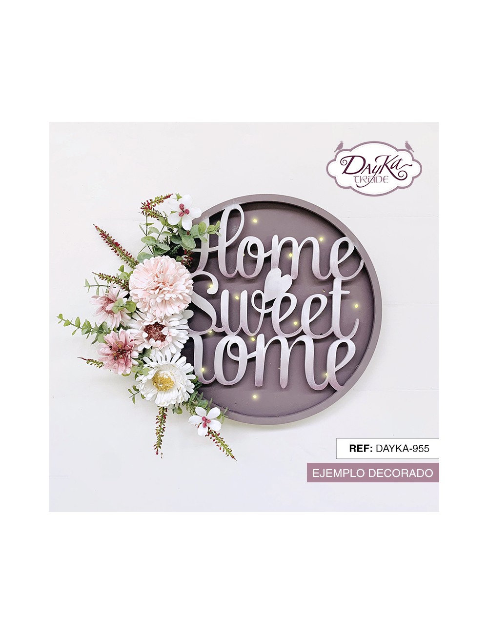 Corona de madera con mensaje "home sweet home" + luces led