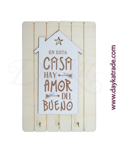 Cuelga llaves con tabla rectangular con tablero "en esta casa hay amor del bueno"