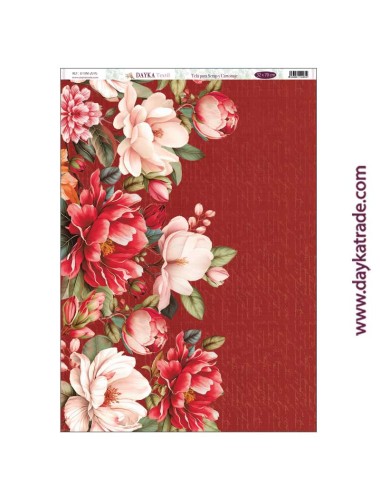 Flores con fondo rojo - tela para scrap y cartonaje? 32×70 cm