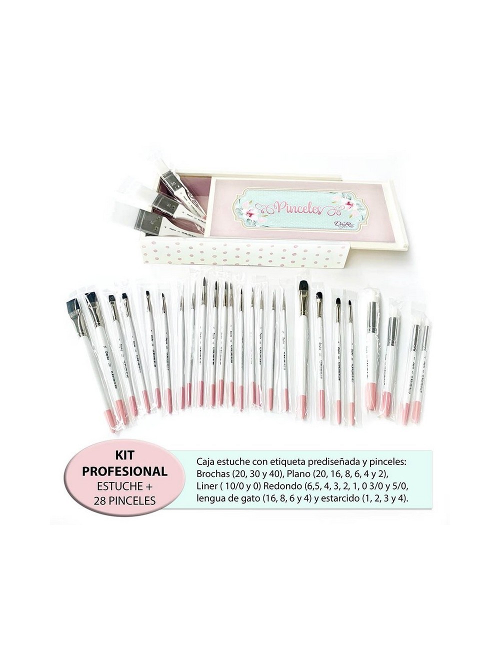 kit de pinceles profesional - estuche + prediseñado + 28 pinceles