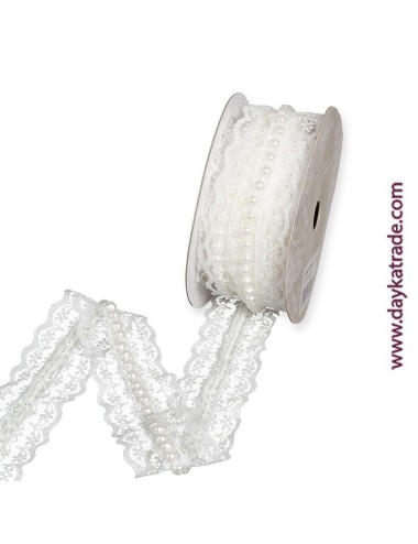 Lazo encaje con perlas - blanco