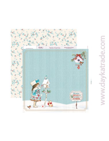 papel scrapbooking "niña con casita de pájaros"