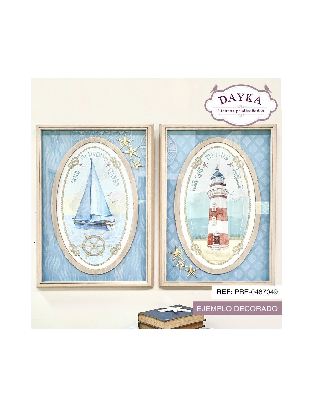 set cuadros marineros con velero y faro con tela pre-diseñada
