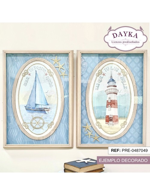 set cuadros marineros con velero y faro con tela pre-diseñada