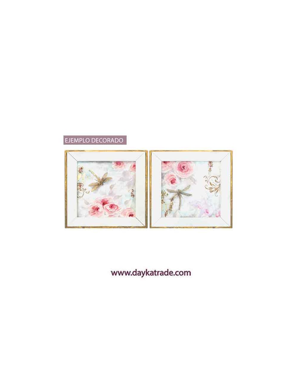 set de 2 cuadros con tela prediseñada de flores y libélulas