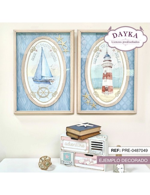 set cuadros marineros con velero y faro con tela pre-diseñada