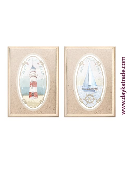 set cuadros marineros con velero y faro con tela pre-diseñada