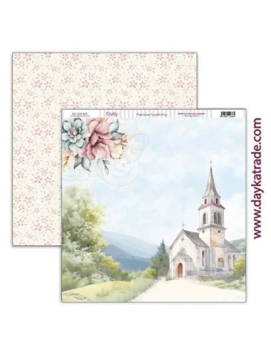 papel scrap paisaje con iglesia y flores colección "En Comunión con la naturaleza"